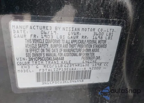 2019 Nissan Kicks Sv z USA, uszkodzony, nr VIN 3N1CP5CU3KL546448